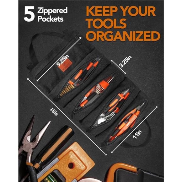 Roll Up Tool Bag,16OZ Canvas Wrench RollUp Pouch MultiPurpose Tool Organizer - Picture 2 of 7